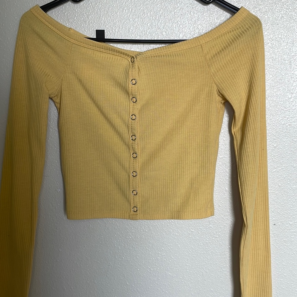 Me to we essentials Yellow, cropped off the shoulder long sleeve shirt.